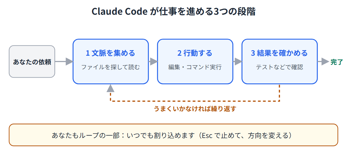Claude Code の作業の流れ。文脈を集める、行動する、結果を確かめる、の3段階を繰り返し、途中でいつでも割り込める